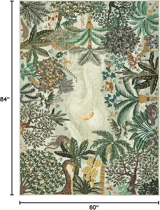 GarveeHome 5x7 Jungle Area Rug Washable Rugs for Living Room Bedroom, Soft Low Pile Non Slip Accent Floor Mat Animal Print Green Throw Rug Indoor Carpet Dining Room Playroom