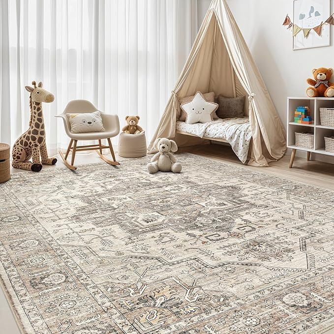 Area Rug 5x8 Washable Vintage - Soft Traditional Rugs for Living Room Large Non Slip Backing with Low Pile Farmhouse Oriental Retro Carpet for Bedroom Dining Room or Home Office - Light Brown