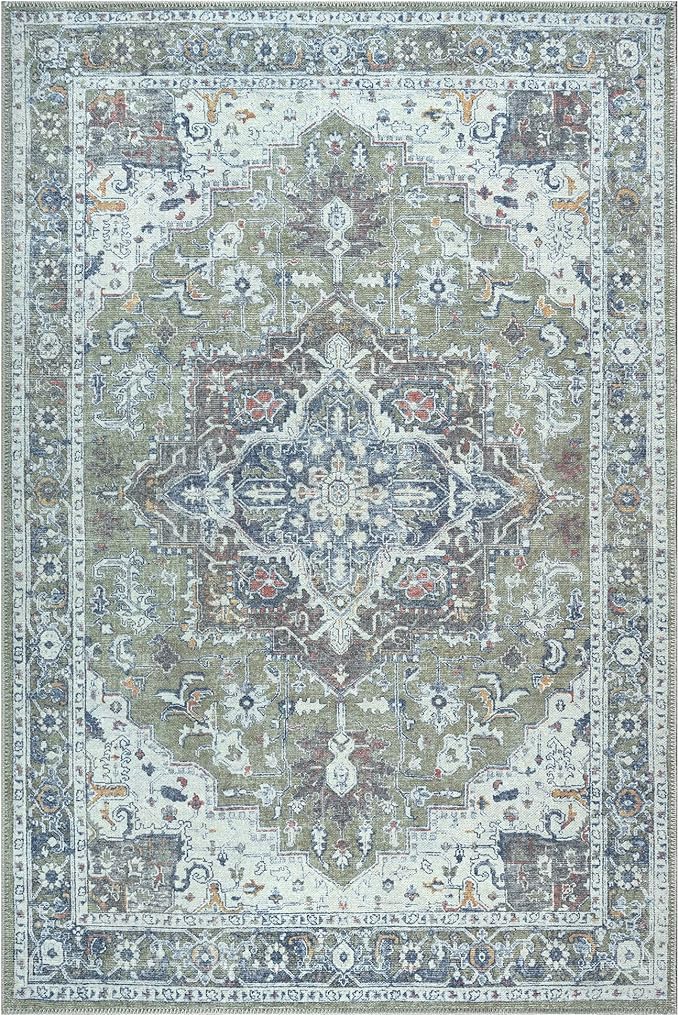 Bloom Rugs Washable Non-Slip 6' x 9' Rug - Green/Blue Traditional Medallion Area Rug for Living Room, Bedroom, Dining Room, and Kitchen - Exact Size: 6' x 9'
