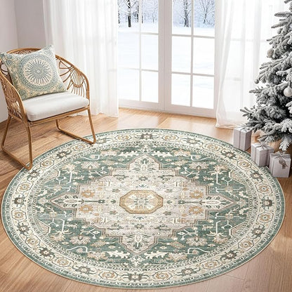 Round Rug Living Room Rugs: 6x6 Washable Boho Neutral Large Circle Soft Indoor Distressed Stain Resistant Floor Farmhouse Carpet for Bedroom Nursery Kids Playroom Office Dining Room Dorm- Green