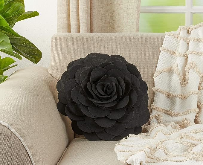 SARO LIFESTYLE Flower Design Poly Filled Throw Pillow, Black, 13"