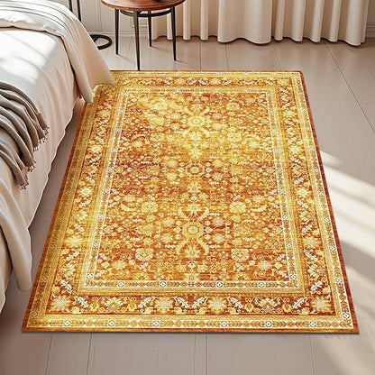 OPPODREAM Vintage Orange Area Rugs 3x5, 3 x 5 Retro Washable Rug Non Slip, Low-Pile Faux Wool Carpet, Distressed Floor Mat for Living Room, Bedroom, Kitchen, Office, Dorm, Dinning Room