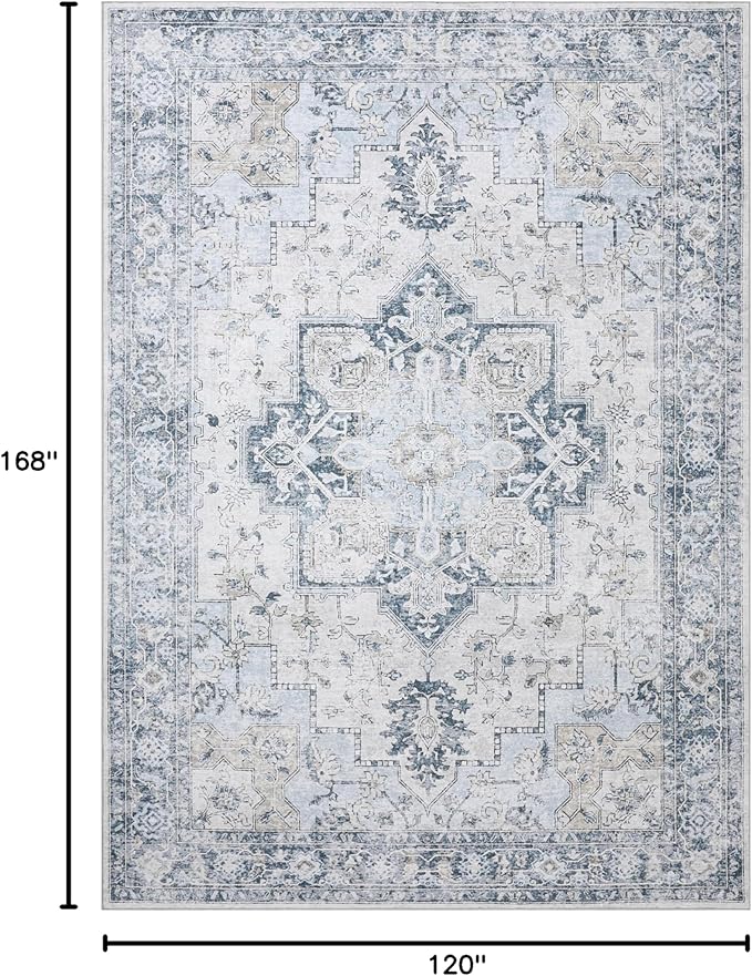GENIMO 10x14 Area Rugs for Living Room, Machine Washable Rug, Non Slip Vintage Rugs, Low Pile Lightweight Chenille Print Rug for Bedroom, Dining Room, Home Office, Blue