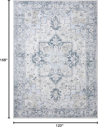 GENIMO 10x14 Area Rugs for Living Room, Machine Washable Rug, Non Slip Vintage Rugs, Low Pile Lightweight Chenille Print Rug for Bedroom, Dining Room, Home Office, Blue