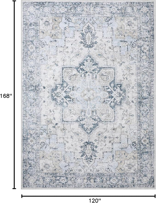 GENIMO 10x14 Area Rugs for Living Room, Machine Washable Rug, Non Slip Vintage Rugs, Low Pile Lightweight Chenille Print Rug for Bedroom, Dining Room, Home Office, Blue