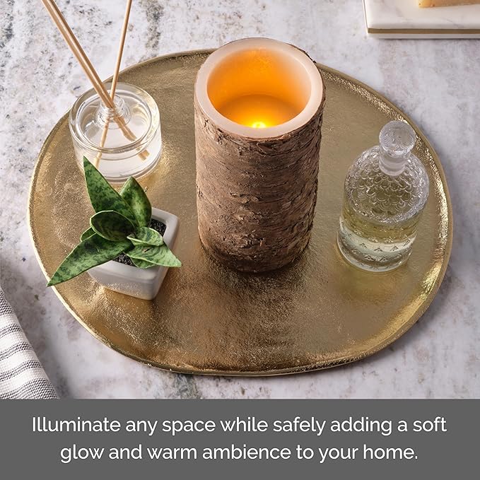 Mikasa Birch LED Wax Pillar Candle with Flickering Flame - Real Wax Design & 5-Hour Timer for Safe Warm Lighting - Rustic Accent for Cozy Home Decor & Ambient Mood Settings