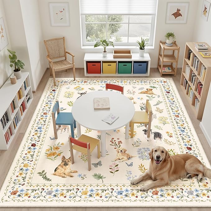 Soalmost Dog 9x12 Area Rugs for Living Room, Machine Washable Animal Floral Vintage Rug Non-Slip Low Pile Soft Throw Large Rugs for Classroom Bedroom Dining Room Nursery Playroom (9 x 12,Beige)