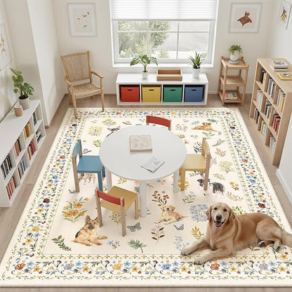 Soalmost Dog 9x12 Area Rugs for Living Room, Machine Washable Animal Floral Vintage Rug Non-Slip Low Pile Soft Throw Large Rugs for Classroom Bedroom Dining Room Nursery Playroom (9 x 12,Beige)