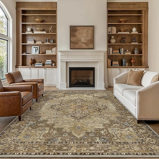 GENIMO 8x10 Area Rugs for Living Room, Machine Washable Non Slip Vintage Rugs, Low Pile Lightweight Chenille Print Rug for Bedroom, Dining Room, Home Office, Rustic Brown