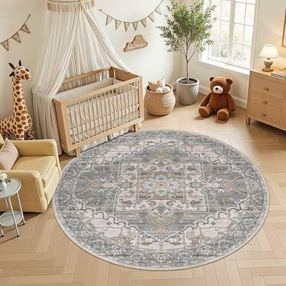 6ft Round Rug for Living Room: 6x6 Washable Vintage Gray Brown Area Rug, Large Non Slip Soft Stain Resistant Indoor Floor Carpet for Bedroom Dining Decor Home Office Kid & Pet Friendly