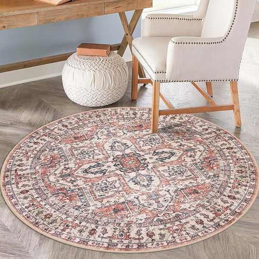 KOZYFLY Round Rug 6 Ft Rugs for Entryway Washable Circle Rug Non Slip Round Living Room Rugs Printed Faux Wool Round Dining Room Floor Carpet Floor Carpet for Entryway, Bedroom, Red Salmon/Pink/Navy