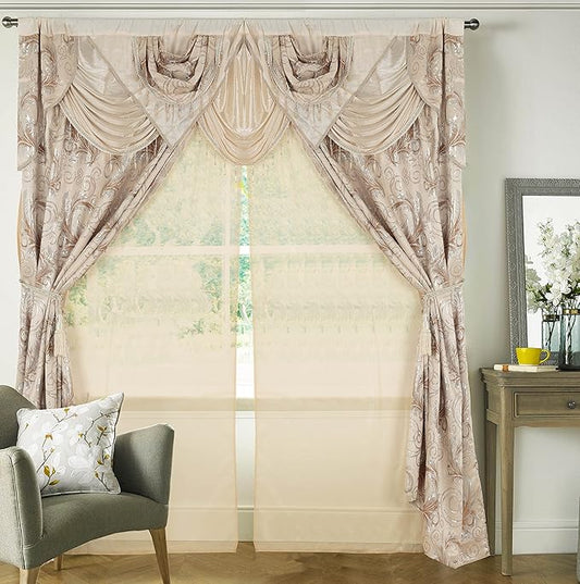 GLORY RUGS Jacquard Luxury Window 2 Panel Set Beige Curtain with Attached Valance and Backing Bedroom Living Room Dining 2 Curtains 55x84 inches Each Jana