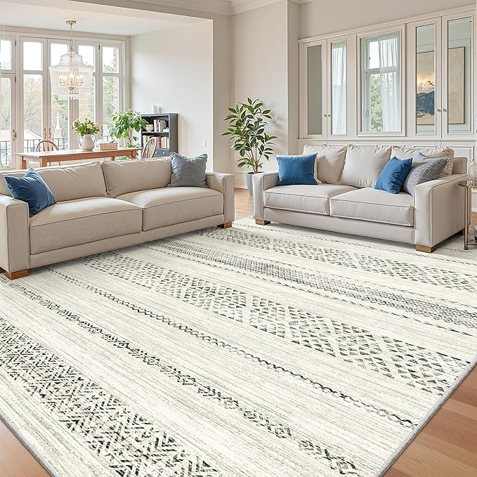 Miukiki 9x12 Area Rug for Living Room Moroccan Washable Rugs Non Slip Indoor Floor Carpet Foldable Large Soft Area Rug for Dining Room Bedroom with Low Pile(Grey,9'x12')