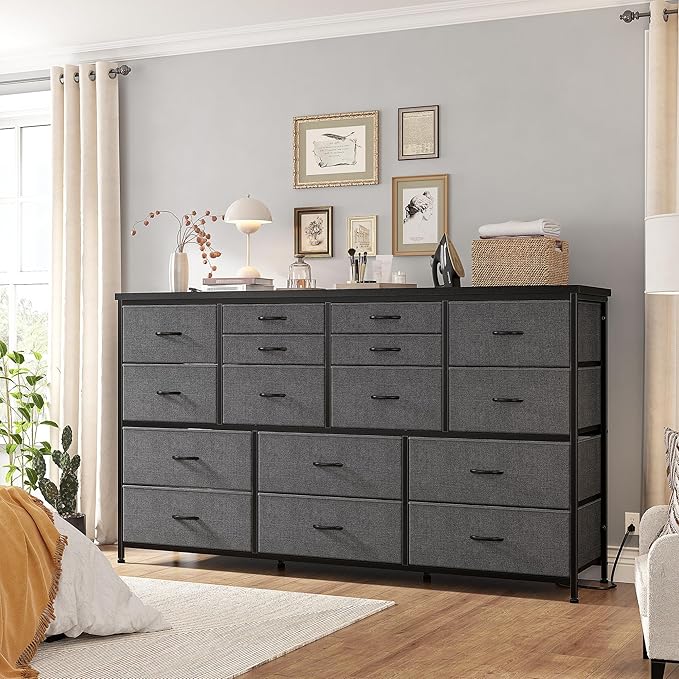 16 Drawers Long Dresser for Bedroom, 51"W Dressers with Power Outlets for 60"Inch TV for Living Room, Entertainment Center with Storage, Media TV Stand Console Table 51.1''W*11.8''D*34.8''H, Grey