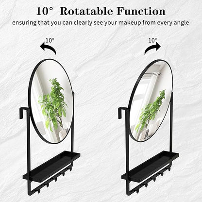 Modern Black Round Wall Mirror with Shelf and Hooks, 29.5" x 21.7" Large Bathroom Mirror with 10° Adjustable Tilt for Entryway, Living Room, Hallway, Bedroom