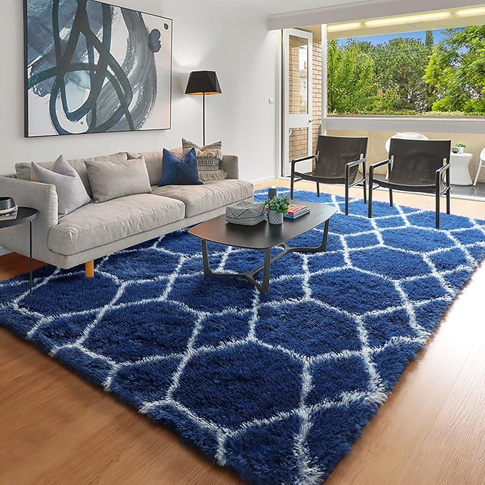 ONASAR 5x7 Area Rugs for Living Room Bedroom, Fluffy Navy Blue and White Throw Rug, Geometric Boho Soft Plush Shaggy Floor Carpet for Nursery Kids Girls Boys Teen Dorm Home Decor Aesthetic