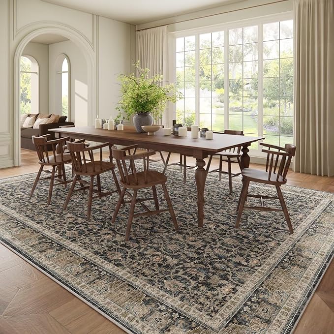 Washable 10x14 Area Rugs for Living Room, Boho Non-Slip Vintage Distress Large Rugs for Bedroom Dining Room Office, 0.3" Neutral Oriental Throw Thin Carpet, Black/Blue/Multi,A1