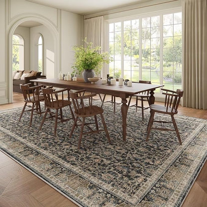 Washable 10x14 Area Rugs for Living Room, Boho Non-Slip Vintage Distress Large Rugs for Bedroom Dining Room Office, 0.3" Neutral Oriental Throw Thin Carpet, Black/Blue/Multi,A1