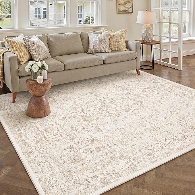 PureCozy Beige Area Rug 5x8 Machine Washable Vintage Living Room Distressed Non Slip Carpet Traditional Indoor Bedroom Retro Floral Accent Throw Large Rug for Office Kitchen Bathroom Dining Room