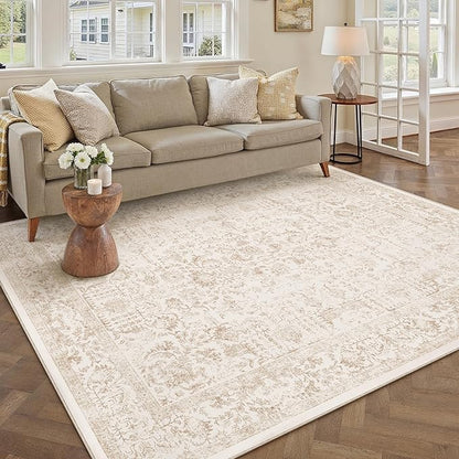 PureCozy Beige Area Rug 5x8 Machine Washable Vintage Living Room Distressed Non Slip Carpet Traditional Indoor Bedroom Retro Floral Accent Throw Large Rug for Office Kitchen Bathroom Dining Room
