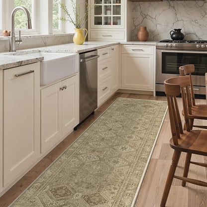 Bavni 2x5 Runner Rugs for Hallways Kitchen, Washable Rug Vintage Print Carpet, Low Pile Lightweight Mat with Non Slip Backing, Light Brown