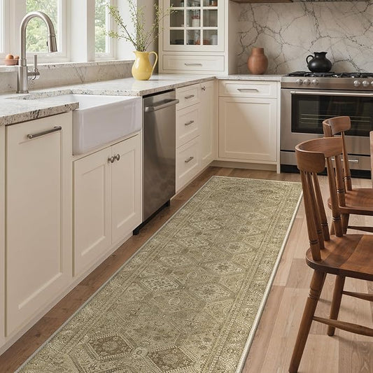 Bavni 2x7 Runner Rugs for Hallways Kitchen, Washable Rug Vintage Print Carpet, Low Pile Lightweight Mat with Non Slip Backing, Light Brown