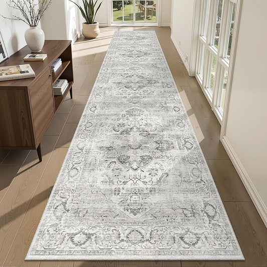 Washable 2.6x12 Runner Rug - Non Slip Long Vintage Hallway Runner Rugs for Kitchen Stain Resistant Indoor Mat Waterproof Carpet for Living Room Entryway Bedroom Laundry Ivory/Gray 2'6''x12'