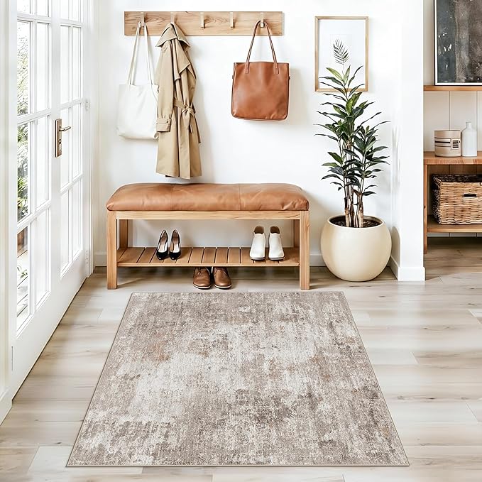 3x3 Square Entryway Rug Washable – Non-Slip Small Area Rug for Kitchen or Bathroom, Soft Low-Pile Indoor Mat, Modern Abstract Thin Door Carpet (Beige Grey)