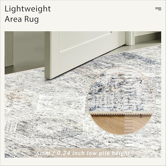 Soalmost 7x10 Area Rug for Living Room Washable Abstract Vintage Soft Thin Indoor Floor Non-Slip Carpet for Bedroom Dining Room Blue Ivory