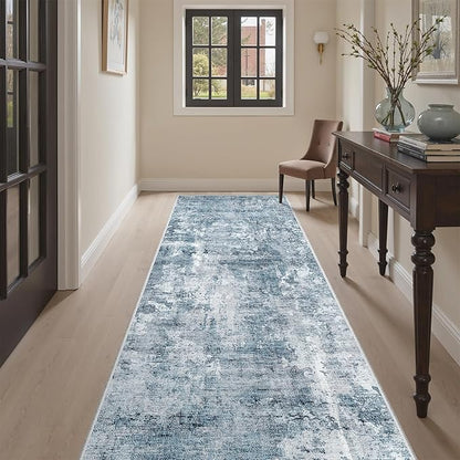 Soalmost Runner Rug 3x8 Washable Non-Slip Hallway Runner Rugs for Kitchen Bathroom Laundry Room Blue/Grey Vintage Floor Carpet Runners for Hallways Entryway