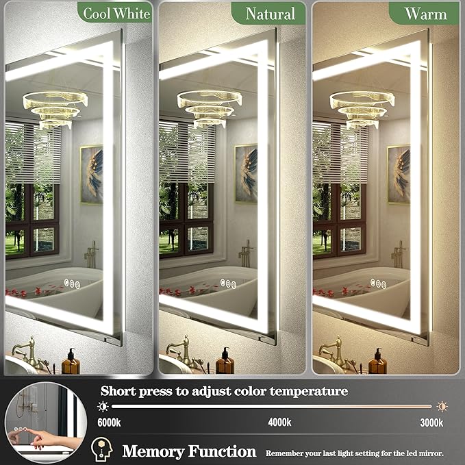 60x40 LED Bathroom Mirror, Large Dimmable Vanity Mirror with Lights, Anti-Fog, Shatterproof, Memory, 3 Colors, ETL Listed (Backlit and Front Lighted)