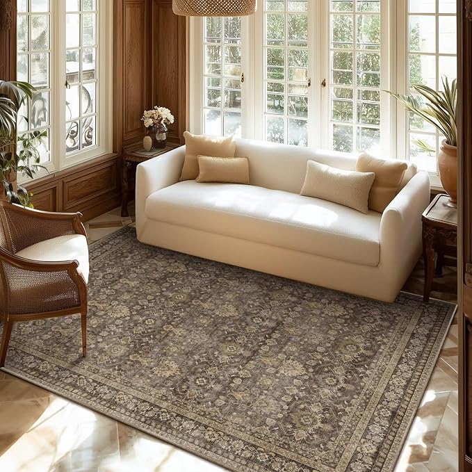 Washable 4x6 Rugs for Living Room, Boho Non-Slip Vintage Distress Small Rugs for Bedroom Nursery Office, 0.3" Neutral Oriental Throw Thin Carpet with Cushioning Pad, Red/Brown/Multi, C4
