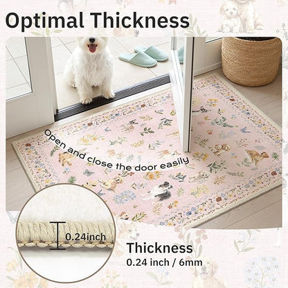 Soalmost Dog 9x12 Pink Area Rugs for Baby Girl Nursery, Washable Animal Floral Vintage Rug Non-Slip Low Pile Soft Throw Rugs for Living Room Dining Room Bedroom Playroom Classroom (9 x 12,Pink)