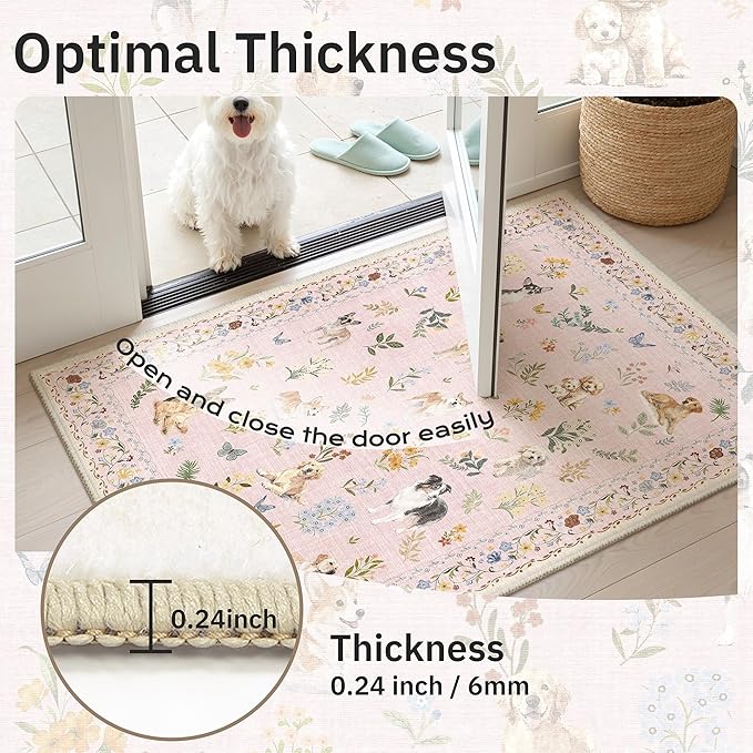 Soalmost Dog 8x10 Pink Area Rugs for Baby Girl Nursery, Washable Animal Floral Vintage Rug Non-Slip Low Pile Soft Throw Rugs for Living Room Dining Room Bedroom Playroom Classroom (8 x 10,Pink)