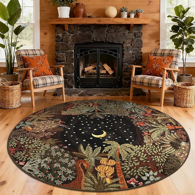 GarveeHome Round Area Rugs 6ft for Bedroom, Brown Jungle Washable Circle Rug Soft Non Slip Forest Animal Print Floor Mat Tiger Carpet Indoor Thin Rug for Bedroom Dining Room Playroom Nursery