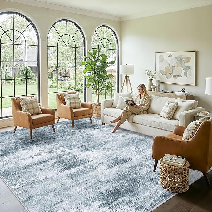 12x12ft Square Living Room Rug – Non-Slip Washable Extra Large Floor Carpet for Bedroom, Dining Room, Playroom Room – Modern Abstract Neutral Thin Low-Pile Big Indoor Rug (Misty Blue Gray)