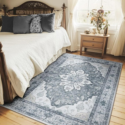 RELEANY Area Rugs 4'x5' Washable Non-Slip, Floral Vintage Distress Print Pattern Medallion Carpet for Living Room Bedroom Dining Room, Light Gray Grey White