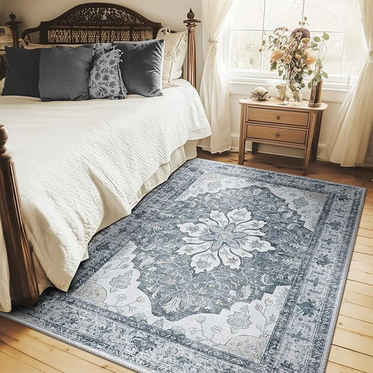 RELEANY Area Rugs 4'x5' Washable Non-Slip, Floral Vintage Distress Print Pattern Medallion Carpet for Living Room Bedroom Dining Room, Light Gray Grey White