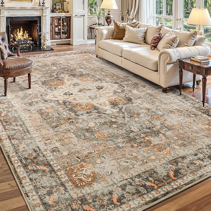 YOH Boho Washable Rug 6x9, Terracotta Vintage Non Slip Area Rug, Distressed Indoor Carpet for Living Room Bedroom Kitchen Office