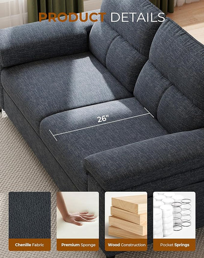 Upvilla 71.25" Modern Sofa Couch for Living Room, Deep Seat Sofas with 8”Cushion, Comfy 2-Seater Chenille Loveseat with Convertible Armrest, Removable Sofa Cover, High Leg(Blue)