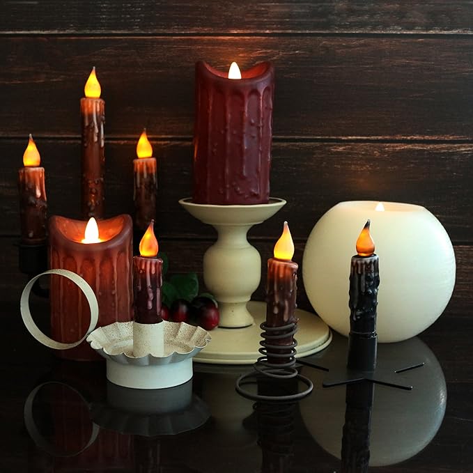CVHOMEDECO. Real Wax Hand Dipped Battery Operated LED Timer Taper Candles Country Primitive Flameless Lights Décor, 4-3/4 Inch, Brown, 2 PCS in a Package