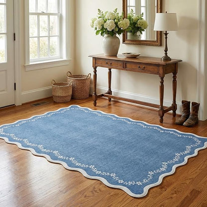 GarveeHome 3x5 Scalloped Washable Area Rug for Bedroom,Soft Solid Navy Entryway Rug Non Slip Low Pile Carpet Stain Resistant Throw Rug for Bedside Kids Room Office Dining Room
