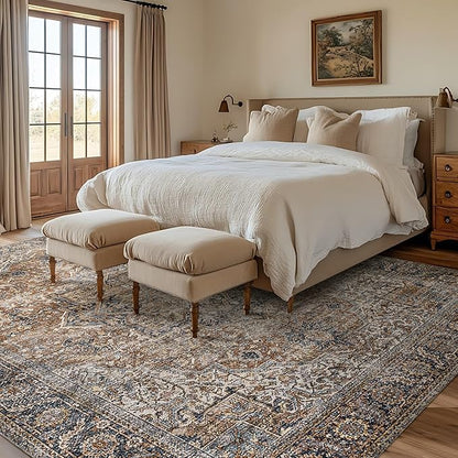 BILEEHOME Brown Rug for Living Room 8x10 Washable Organic Rustic Western Area Rugs for Cabin,Brown and Teal Blue