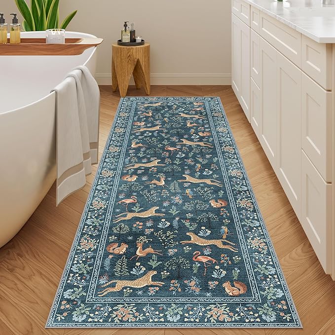 DUKINO 2x6 Rug for Hallway, Washable Kitchen Runner Rug with Non Slip Backing, Soft Low Pile Vintage Animal Runner for Bedroom, Kitchen, Hallway, Entryway, Laundry, Blue