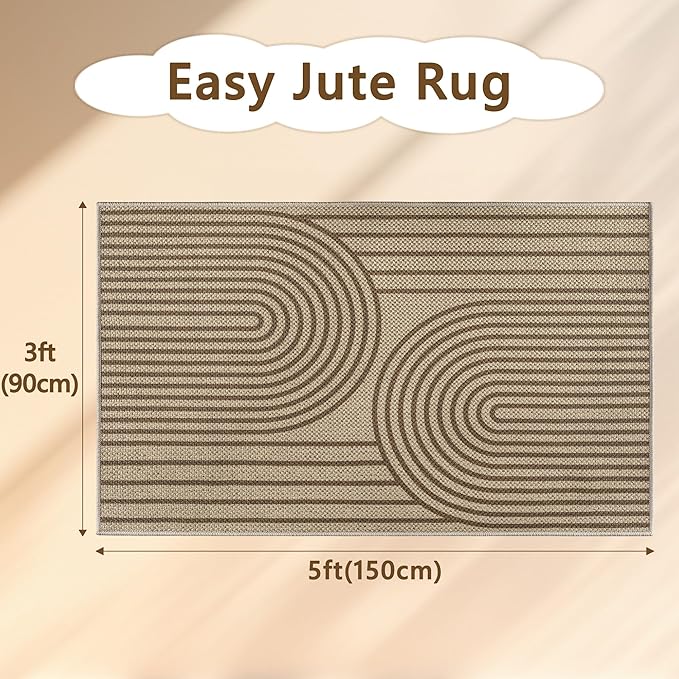 Easy Jute Rugs for Entryway, 3' x 5' Indoor Outdoor Rug, Brown Farmhouse Washable Ultra-Thin Non-Slip Area Rug for Foyer, Backdoor, Living Room, Kitchen, Bedroom, Balcony