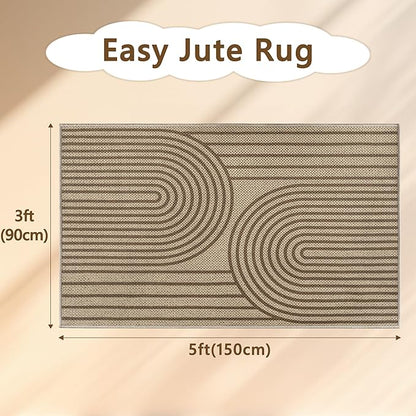 Easy Jute Rugs for Entryway, 3' x 5' Indoor Outdoor Rug, Brown Farmhouse Washable Ultra-Thin Non-Slip Area Rug for Foyer, Backdoor, Living Room, Kitchen, Bedroom, Balcony