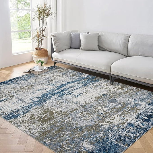 ROYHOME 10x13 Modern Abstract Area Rug Faux Wool Low Pile Ultra Soft Stain Resistant Accent Washable Non Slip Non Shedding Throw Rug for Living Room Bedroom Home Decor, Navy