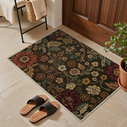 GENIMO 2X3 Washable Doormat, Vintage Floral Print Non-Slip Low Pile Chenille Area Rug, Small Entry Mat for Entrance Hallway Kitchen Bathroom, Floral Brown