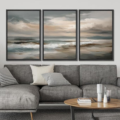 SIGNLEADER Framed Canvas Print Wall Art Set Soft Neutral Coastal Waves Muted Teal and Beige Ocean Illustrations Minimal Decorative Bohemian Nordic for Living Room, Bedroom, Office - 16"x24"x3 BLACK