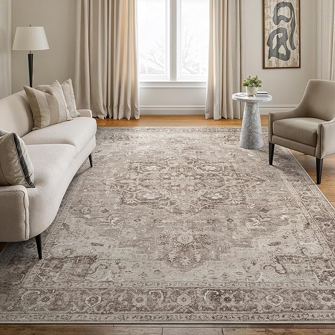 Bloom Rugs Washable Non-Slip 9' x 12' Rug - Beige/Gray Traditional Area Rug for Living Room, Bedroom, Dining Room, and Kitchen - Exact Size: 9' x 12'